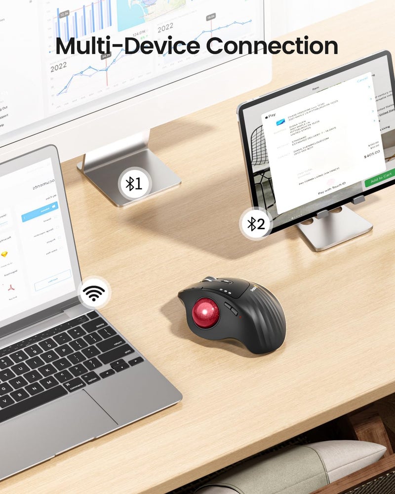 ProtoArc Wireless Trackball Mouse, EM01 NL Ergonomic Bluetooth Rollerball Thumb Rechargeable Computer Laptop Mouse, Adjustable Angle & 3 Device Connection for PC, Mac, Windows-Red Ball - Image 4